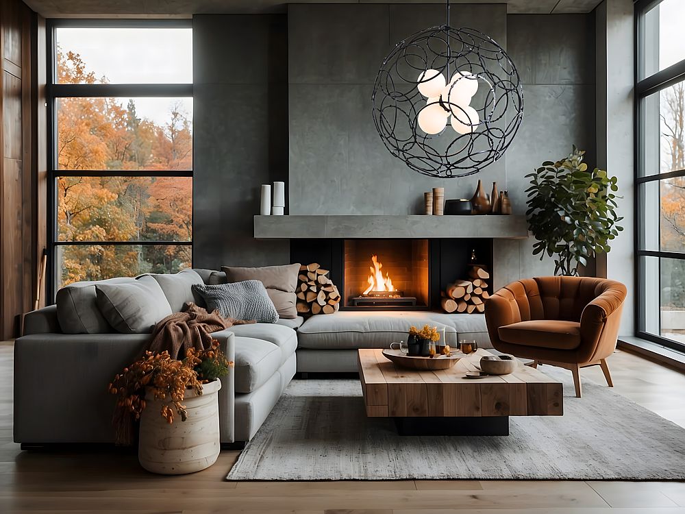Living room decorated for fall with cozy throw blankets and autumn pillows.