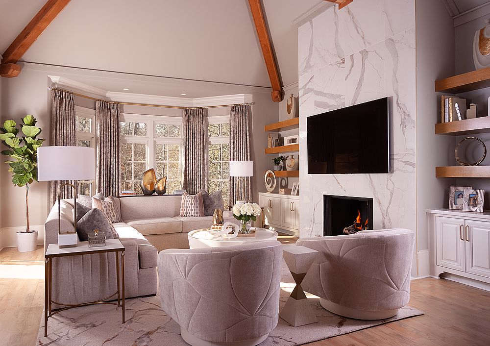 Universal Khaki, Sherwin-Williams 2026 Color of the Year, is shown in this cozy living room.